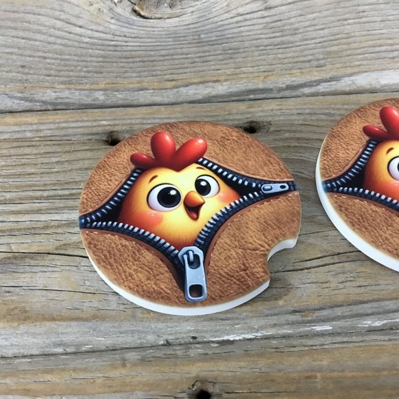 Chicken Peek-a-Boo Zipper Car Coasters Set of 2 - Picture 3 of 6